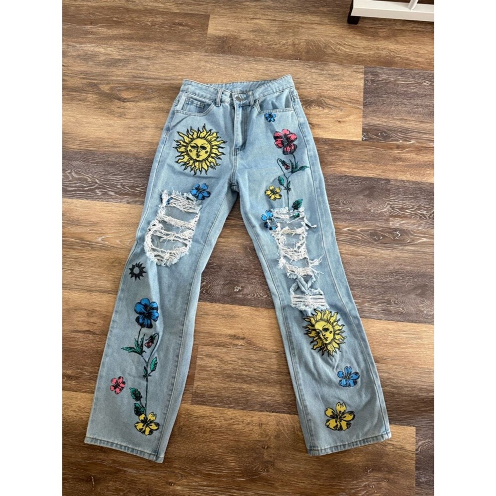 Y2K Hand Painted Style Jeans Sun Floral Distressed Denim Artsy Grunge Aesthetic